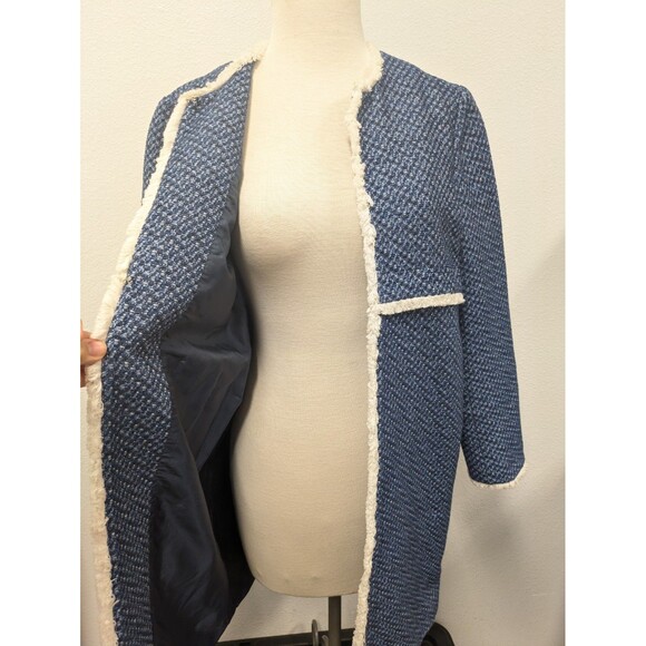 J. McLaughlin Blue White Fringe Trim Tweed Blazer Jacket sz M Officewear Chic - Picture 6 of 12